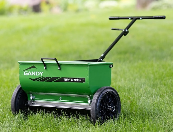 garden grass seed spreader 24" Turf Tender Drop Spreader with Push-Handle and 12" Solid Wheels
