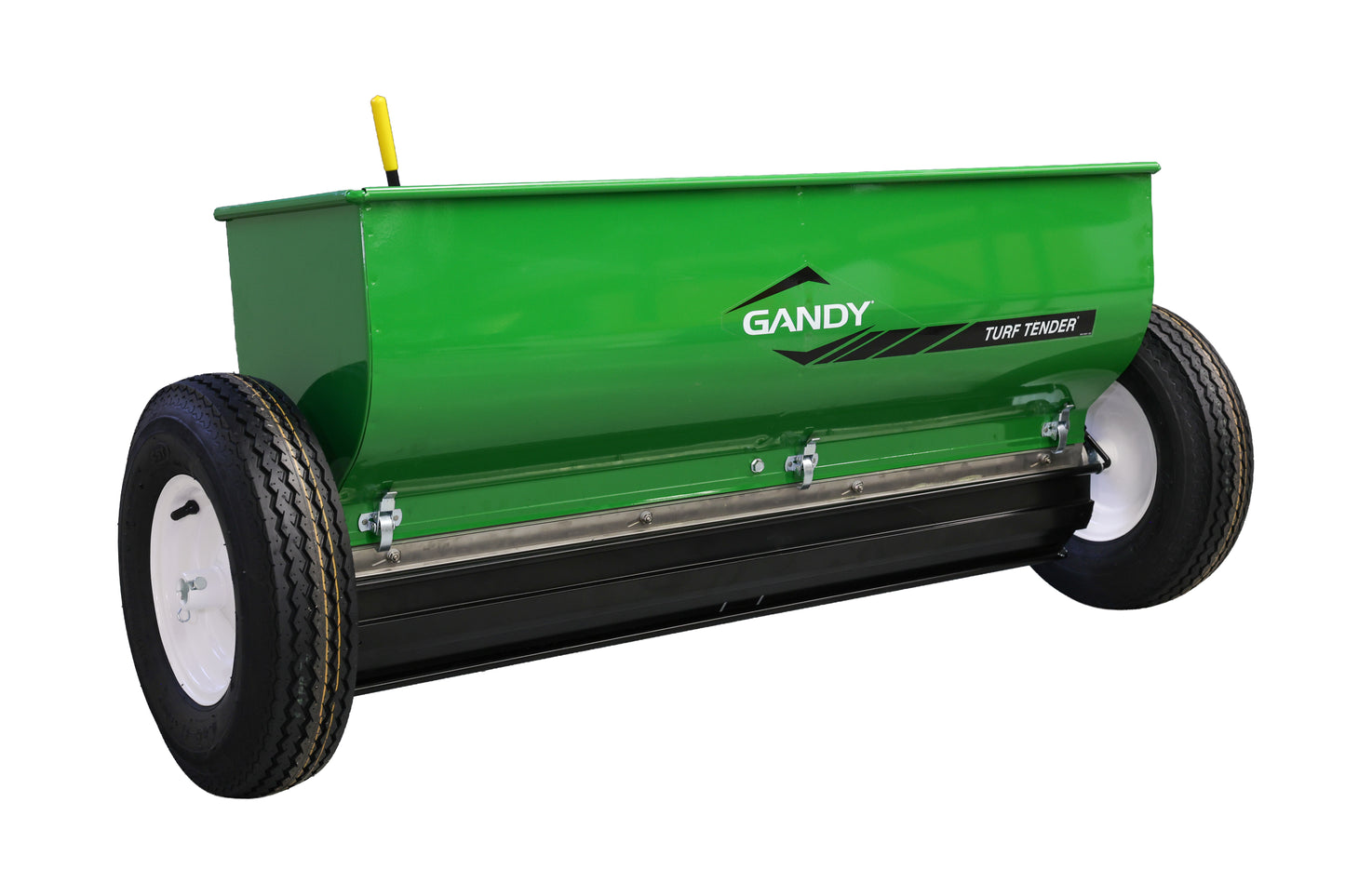 Green 36T13 Gandy lawn spreader on a white background