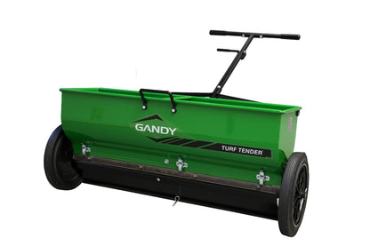 Green 36H12 Gandy Turf Tender fertilizer spreader on a white background