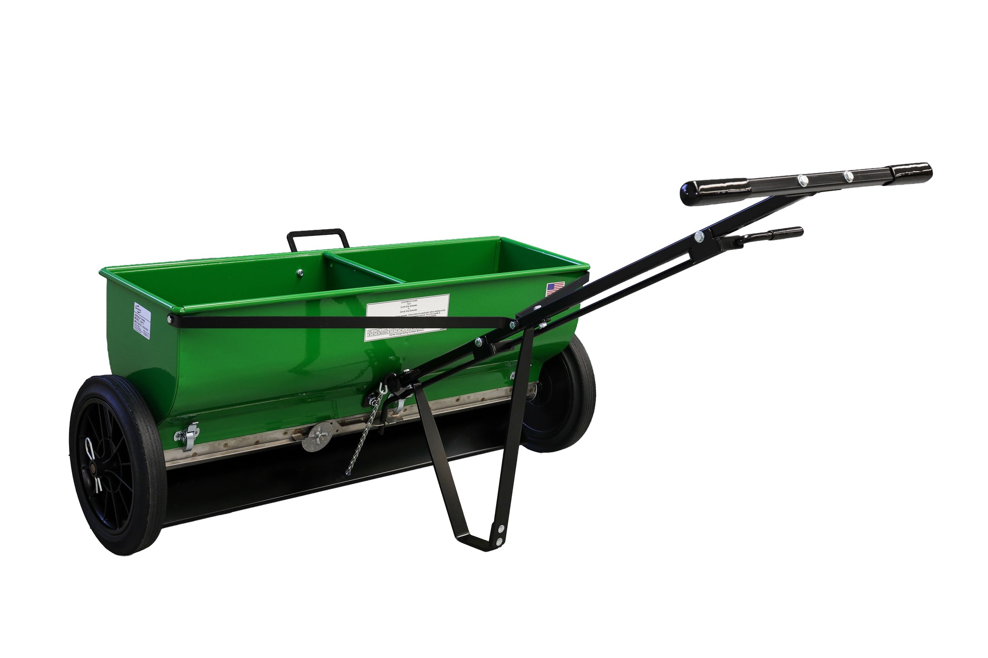 Green 36H12 garden spreader with black wheels and handle on a white background