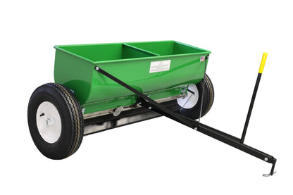 Green 36T13 fertilizer spreader with a yellow handle on a white background
